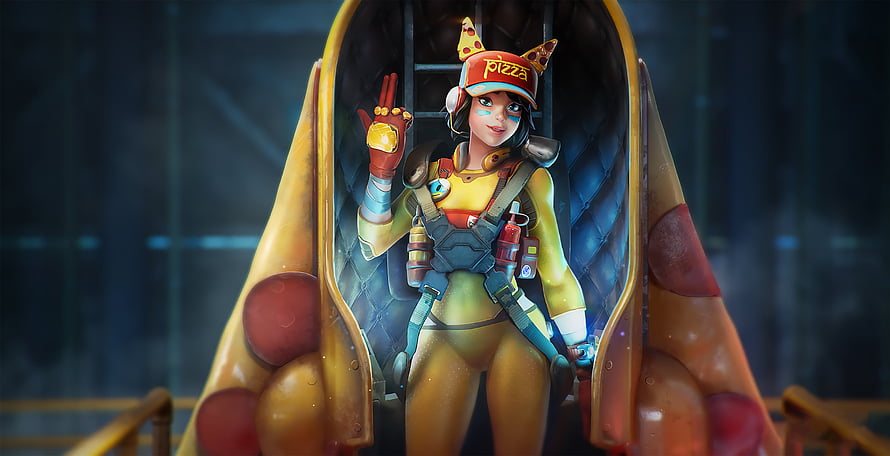 Farlight 84 Character in Yellow Suit and Pizza Hat Standing in Sci-Fi Pod HD wallpaper