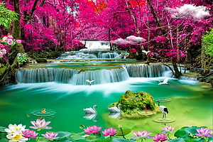 Enchanted Fantasy Waterfall with Swans, Lotus Flowers, and Vibrant Pink Forest HD wallpaper