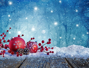 Festive Christmas Ornaments and Pinecones on Snowy Wooden Surface with Winter Background HD wallpaper