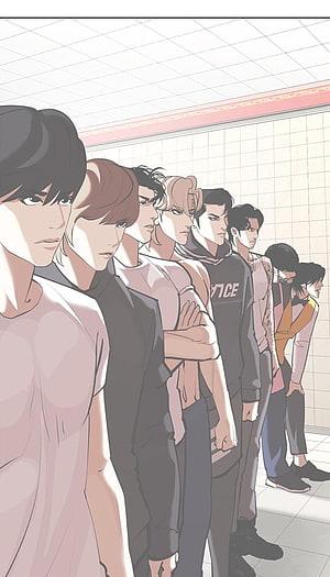 Lookism Chapter 354: Group of Male Characters Standing in a Line in a Tiled Room HD phone wallpaper