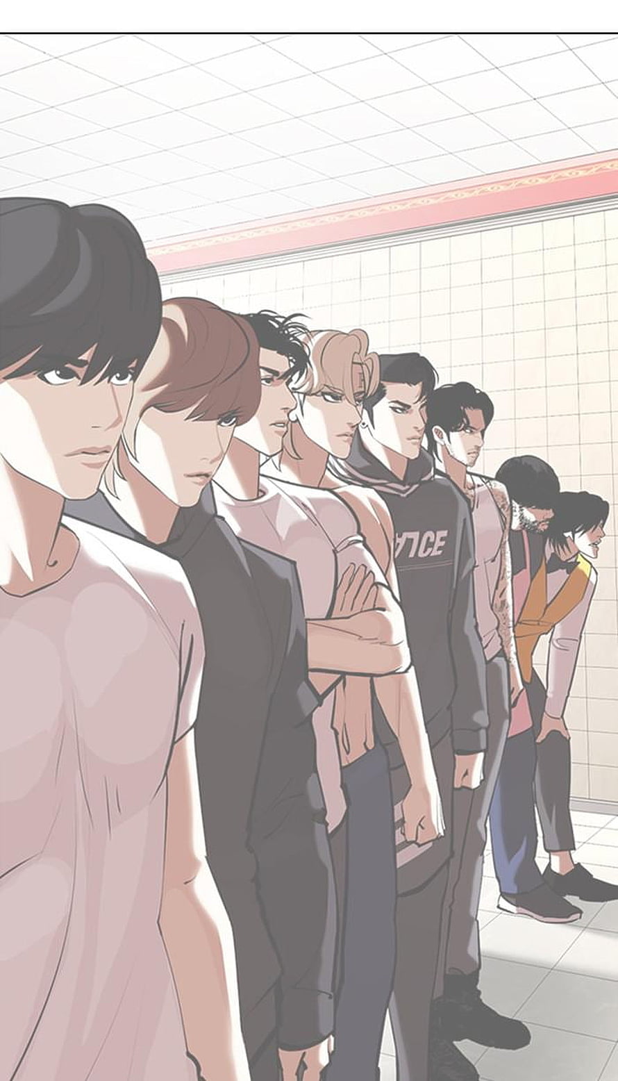 Lookism Chapter 354: Group of Male Characters Standing in a Line in a Tiled Room HD phone wallpaper