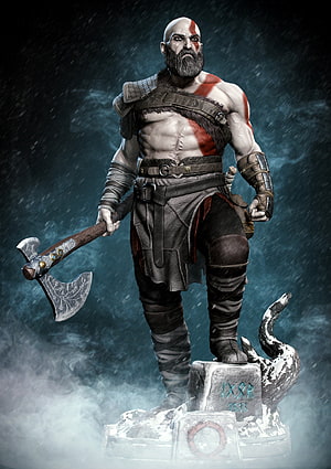 Kratos from God of War standing with Leviathan Axe on a frost-covered stone pedestal in a dark misty setting HD phone wallpaper