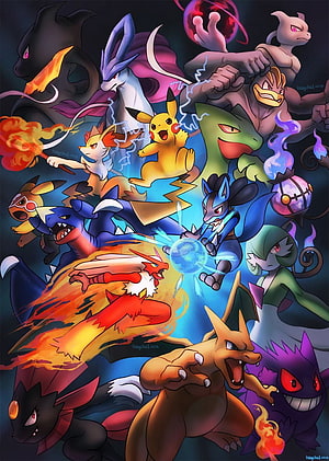 Dynamic Pokemon Battle Scene Featuring Pikachu, Charizard, Lucario, Garchomp, and Mewtwo HD phone wallpaper