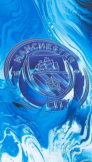 Manchester City Crest on Swirling Blue and White Liquid Ink Background HD phone wallpaper
