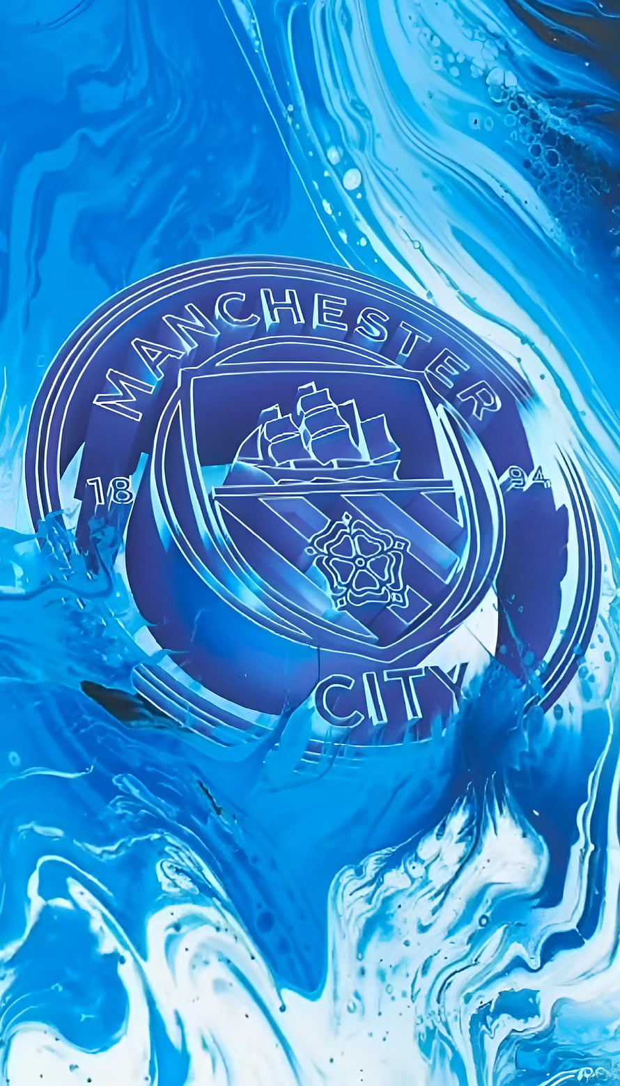 Manchester City Crest on Swirling Blue and White Liquid Ink Background HD phone wallpaper
