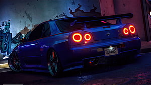Purple Nissan Skyline GT-R R34 V-Spec Rear View in Neon-Lit Urban Alley at Night HD wallpaper