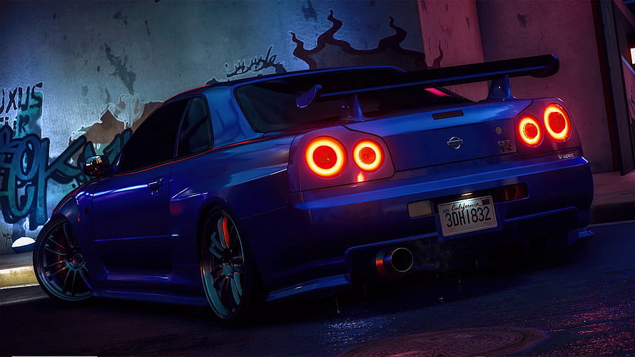 Purple Nissan Skyline GT-R R34 V-Spec Rear View in Neon-Lit Urban Alley at Night HD wallpaper