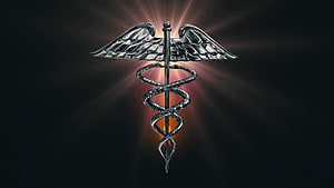 Metallic Caduceus Medical Symbol with Wings and Serpents on Dark Background HD wallpaper