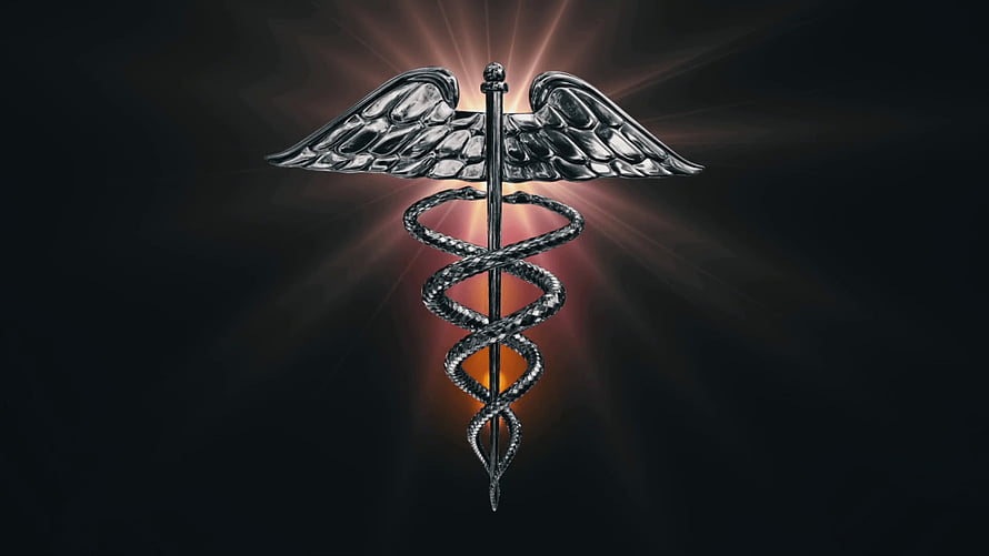 Metallic Caduceus Medical Symbol with Wings and Serpents on Dark Background HD wallpaper