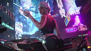 Cyberpunk Ciri Character in Neon City Street with Futuristic Tattoos and Leather Outfit HD wallpaper