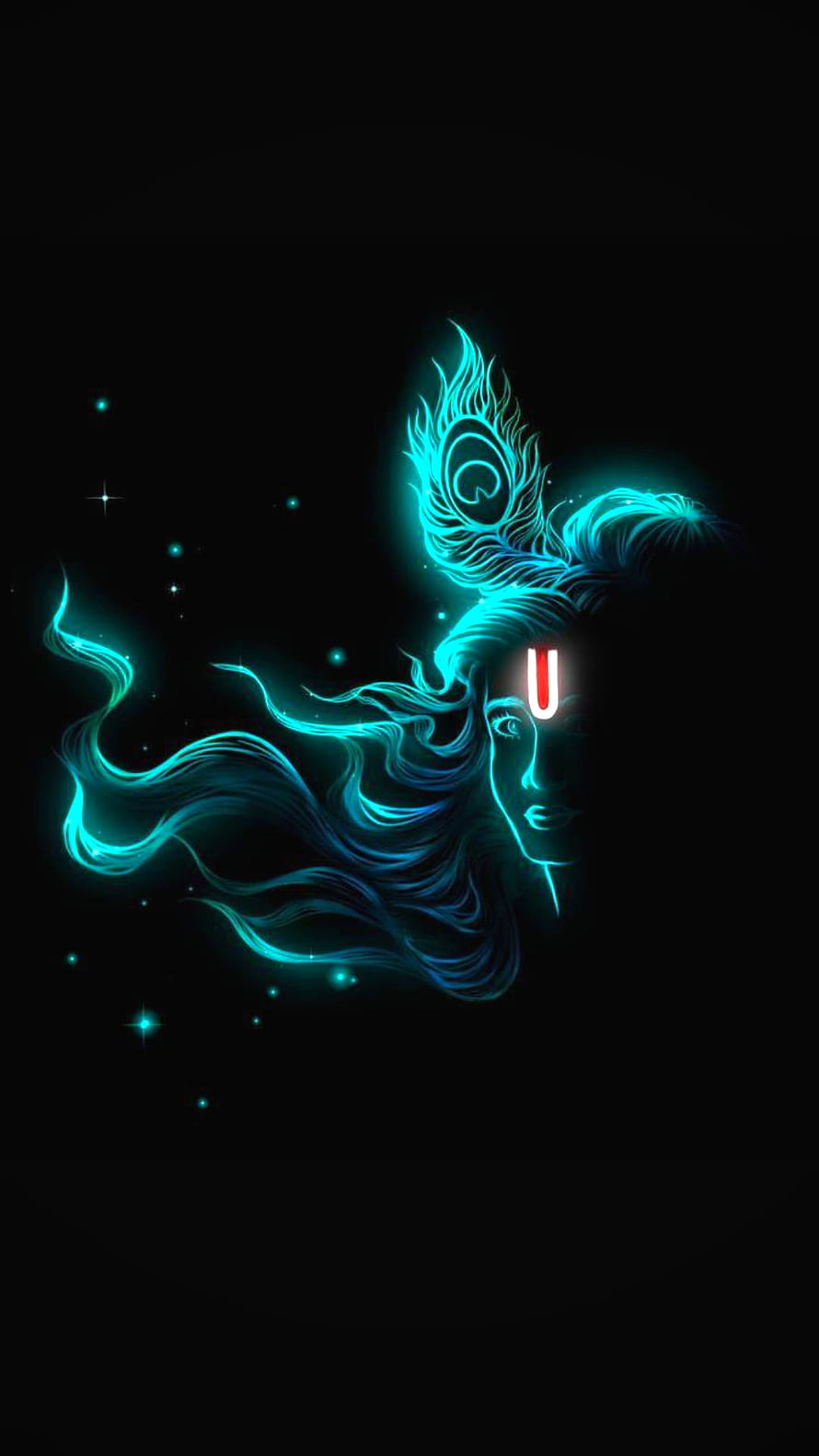 Glowing Krishna Profile with Flowing Hair and Peacock Feather on Black Background HD phone wallpaper