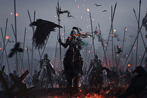 Dark Fantasy Warlord on Horseback Amidst a Battlefield of Spears and Crows HD wallpaper