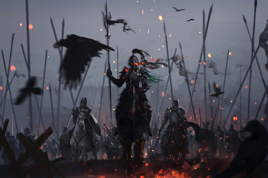 Dark Fantasy Warlord on Horseback Amidst a Battlefield of Spears and Crows HD wallpaper
