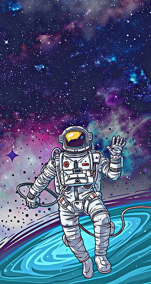 Cartoon Astronaut Waving in Vibrant Cosmic Nebula with Stars and Planetary Surface HD phone wallpaper