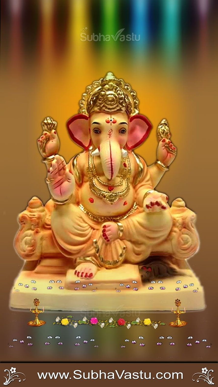 Golden Lord Ganesha Murti with Diya Lamps and Floral Garland on Warm Background HD phone wallpaper