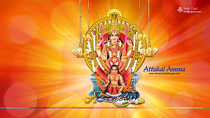 Attukal Amma Hindu Goddess Illustration with Radiant Orange Background and Golden Halo HD wallpaper