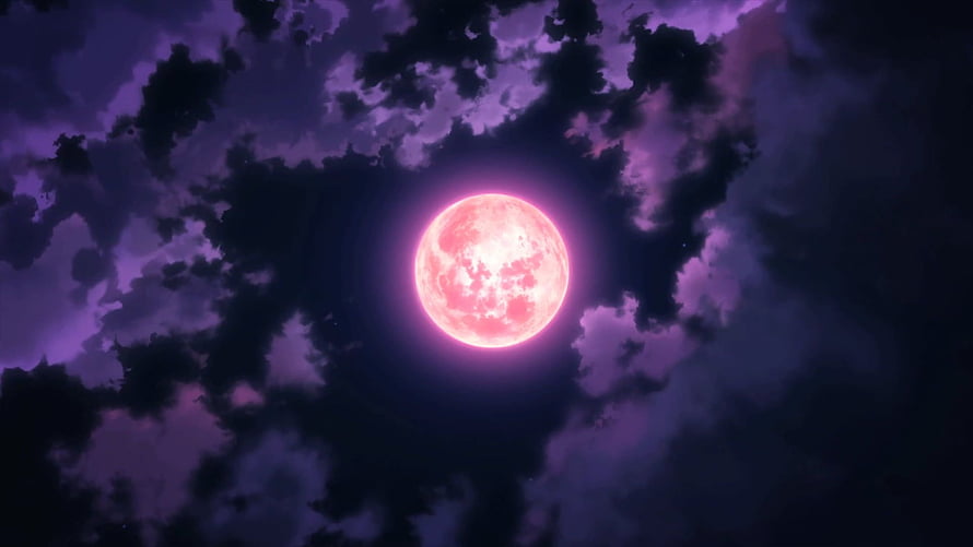 Glowing Red Moon in Dark Purple Cloudy Night Sky Anime Illustration HD wallpaper