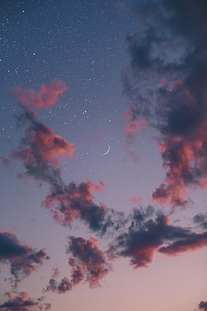 Crescent Moon and Starry Night Sky with Pink Clouds at Twilight HD phone wallpaper