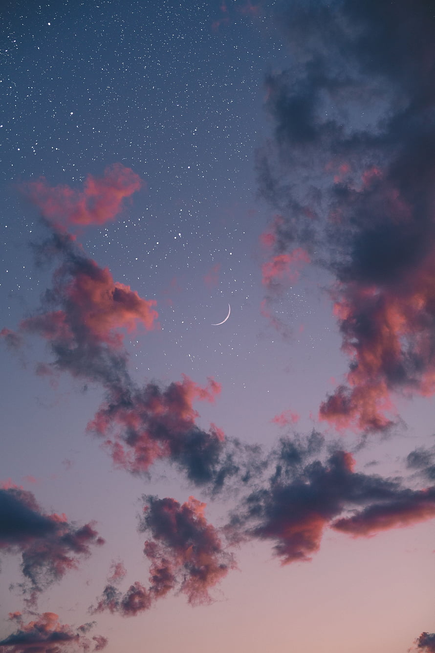 Crescent Moon and Starry Night Sky with Pink Clouds at Twilight HD phone wallpaper