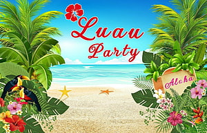 Tropical Luau Party Beach Scene With Palm Trees, Hibiscus Flowers, and Toucans HD wallpaper