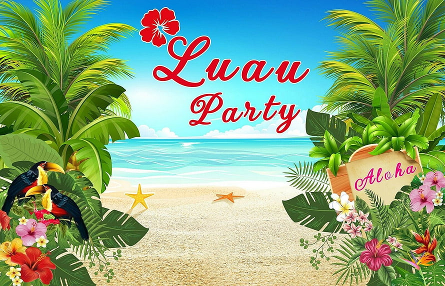 Tropical Luau Party Beach Scene With Palm Trees, Hibiscus Flowers, and Toucans HD wallpaper