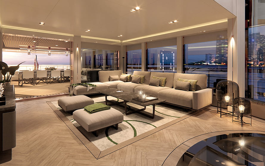 Luxury Yacht Living Room with Panoramic City Views and Modern Furniture HD wallpaper