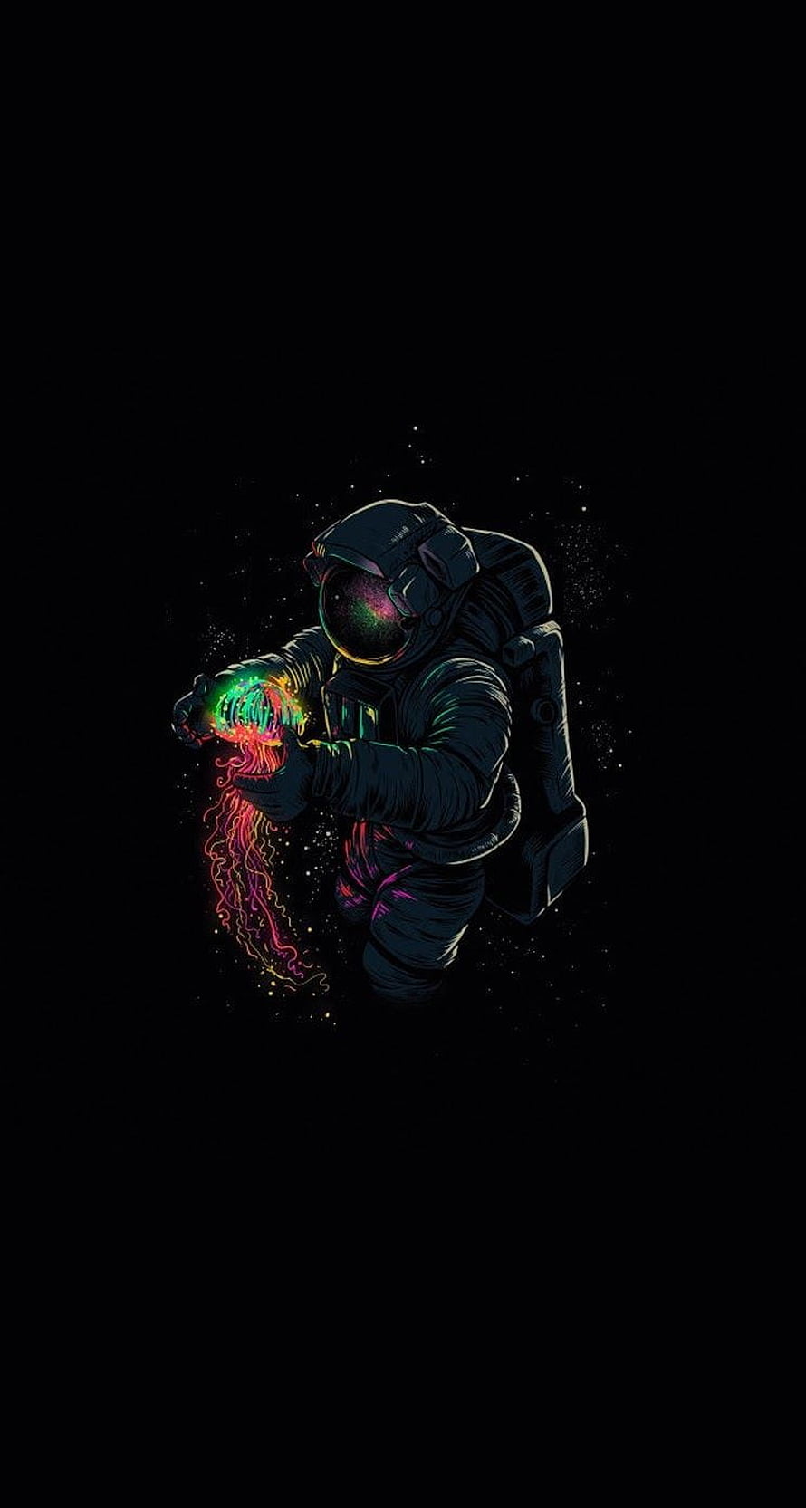 Astronaut Holding Glowing Jellyfish in Deep Space Dark Illustration HD phone wallpaper
