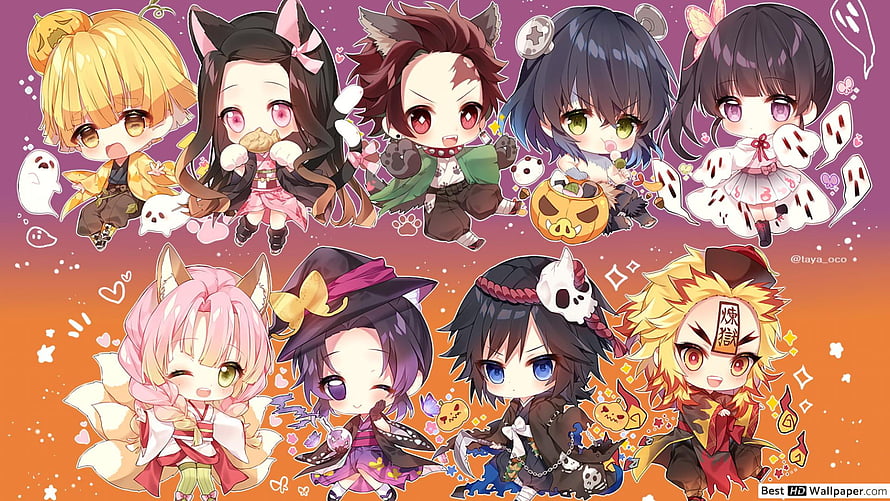 Cute Chibi Demon Slayer Characters Halloween Costume Wallpaper HD wallpaper