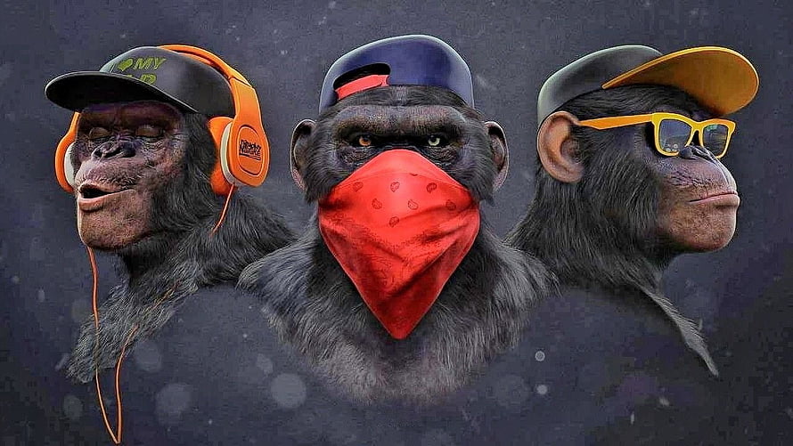 Three Stylized Chimpanzees Wearing Streetwear Accessories and Caps HD wallpaper
