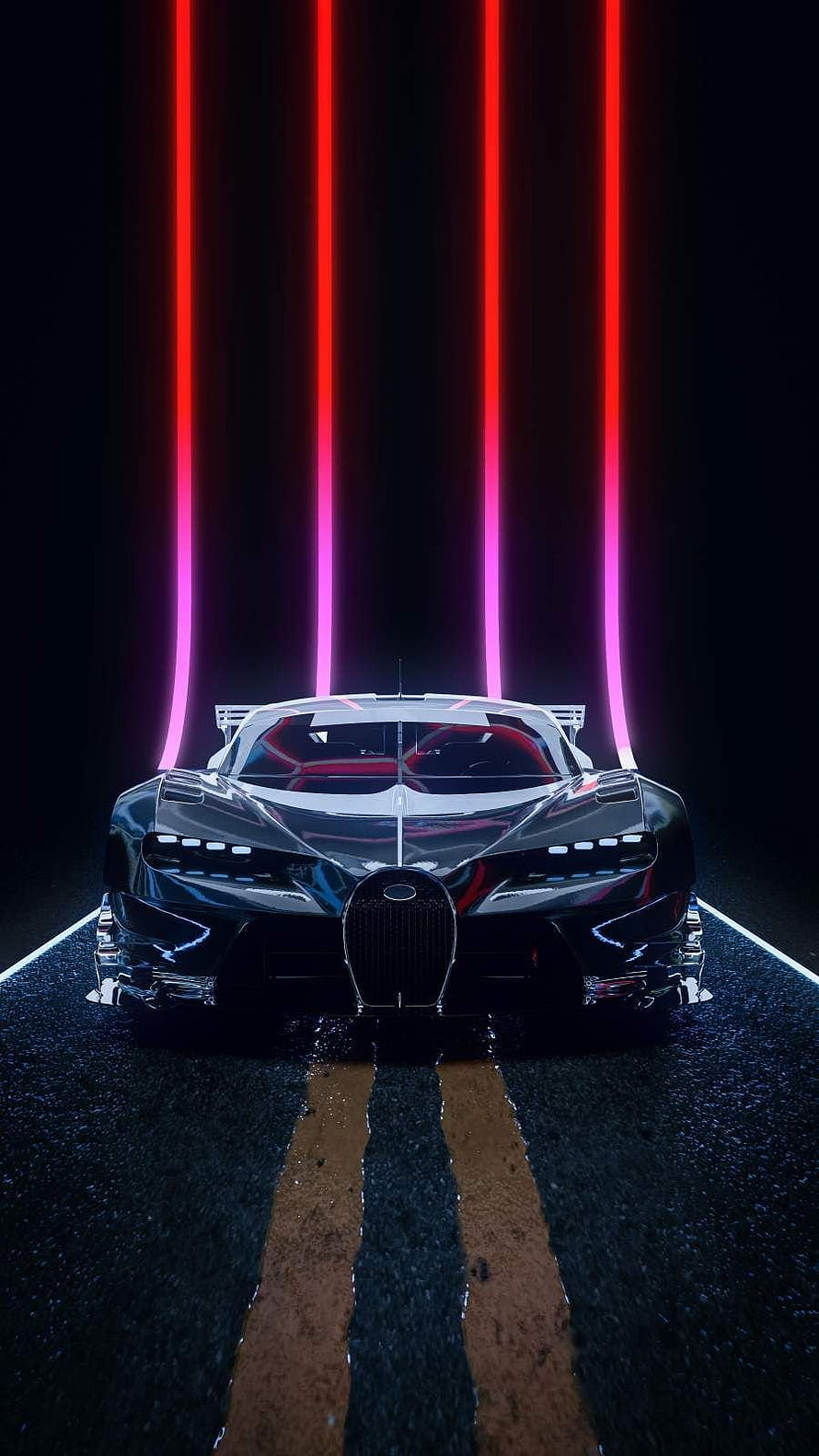 Bugatti Chiron Super Sport Front View with Neon Red and Pink Light Beams on Wet Asphalt Road HD phone wallpaper