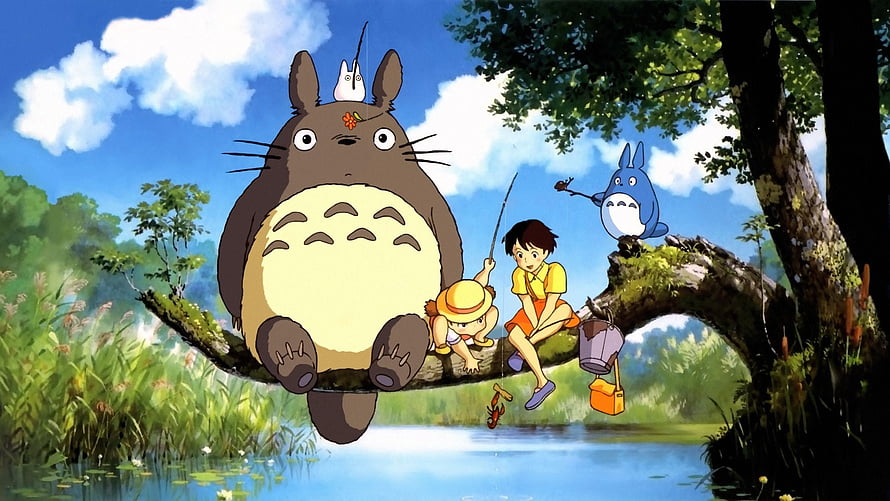 Totoro and Satsuki Fishing on a Branch in a Lush Forest from My Neighbor Totoro HD wallpaper