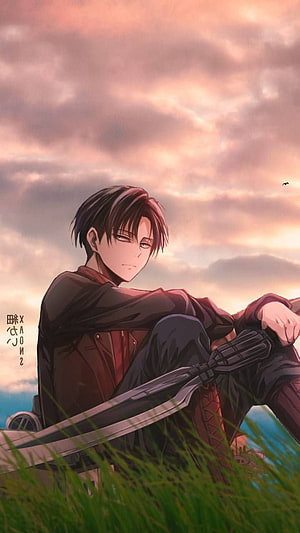 Levi Ackerman Sitting in Grass with ODM Gear at Sunset, Levi Ackerman, Cute Levi HD phone wallpaper