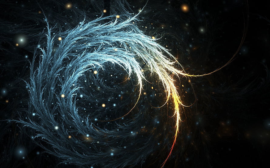 Ethereal Cosmic Spiral with Glowing Filaments and Starlight on a Dark Background HD wallpaper