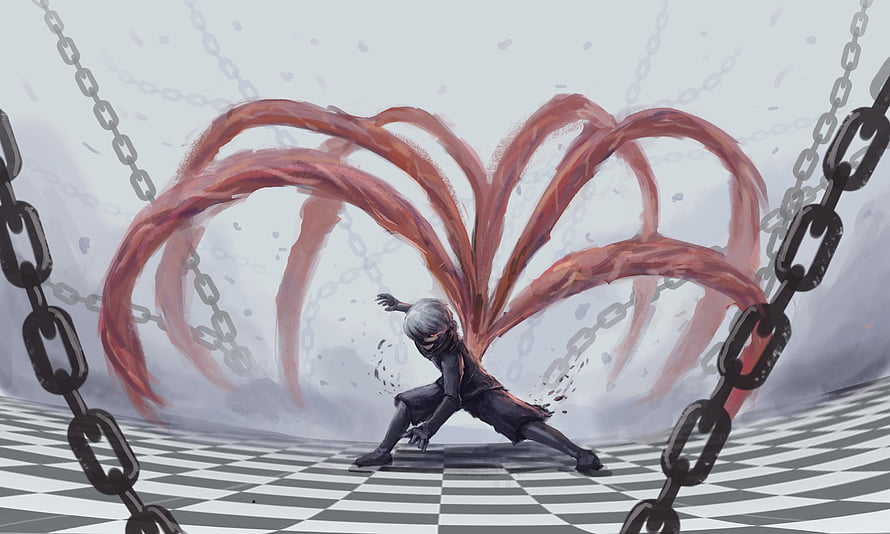 Ken Kaneki from Tokyo Ghoul in a dramatic pose with red tendrils and chains on a checkered floor HD wallpaper