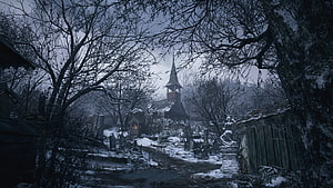 Resident Evil Village Snowy Cemetery and Church at Night HD wallpaper
