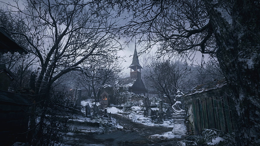 Resident Evil Village Snowy Cemetery and Church at Night HD wallpaper