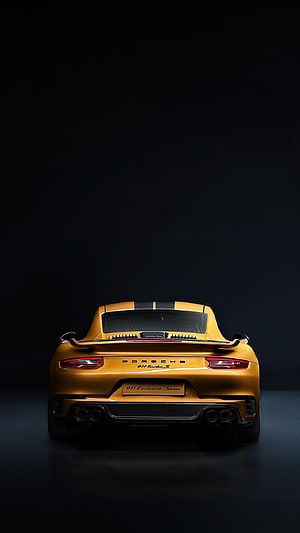 Rear View of Gold Porsche 911 Turbo S Exclusive Series with Black Racing Stripes HD phone wallpaper