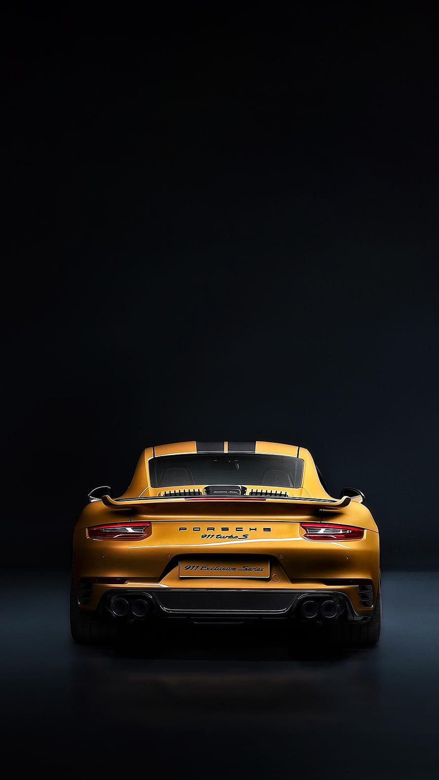 Rear View of Gold Porsche 911 Turbo S Exclusive Series with Black Racing Stripes HD phone wallpaper