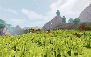 Minecraft Plains Biome With Lush Grass, Rolling Hills, and Blocky Trees Under a Bright Sky HD wallpaper