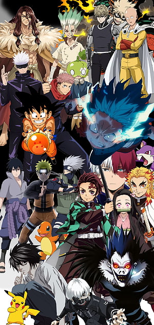Anime Character Collage Featuring Naruto, Dragon Ball, Demon Slayer, One Punch Man, and Death Note Heroes HD phone wallpaper