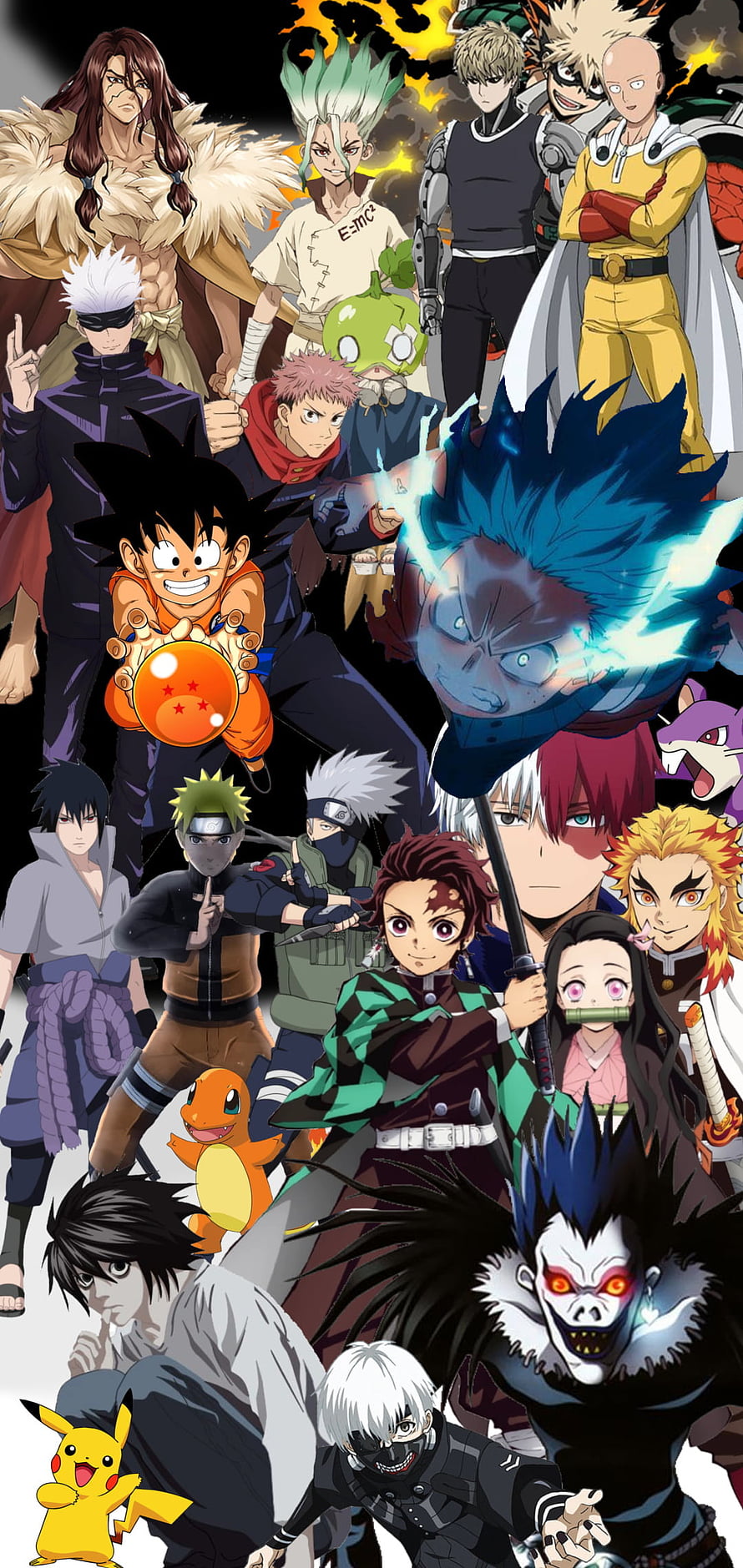 Anime Character Collage Featuring Naruto, Dragon Ball, Demon Slayer, One Punch Man, and Death Note Heroes HD phone wallpaper