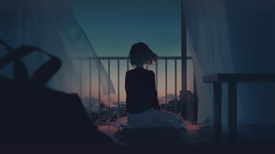 Anime Girl Silhouette on Balcony at Dusk with City Skyline and Flowing Curtains HD wallpaper