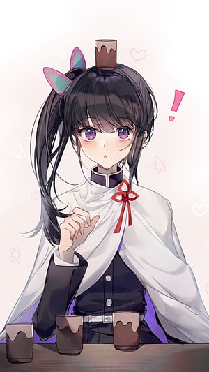 Kanao Tsuyuri from Demon Slayer in a white cape with a red bow and chocolate cups HD phone wallpaper
