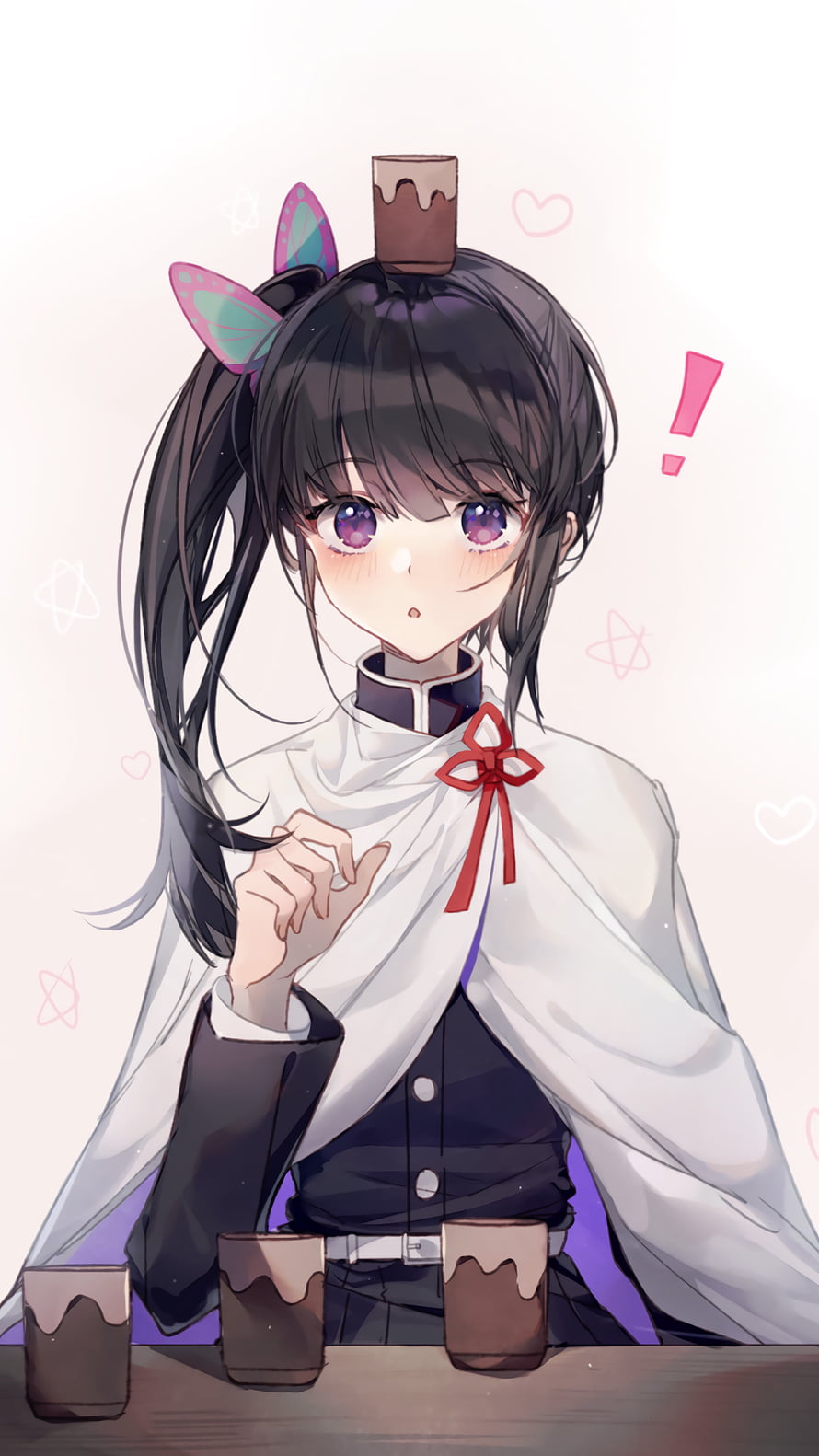 Kanao Tsuyuri from Demon Slayer in a white cape with a red bow and chocolate cups HD phone wallpaper