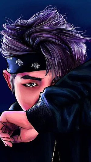 Stylish Anime Boy With Purple Hair And Black Headband In Dark Attitude Pose HD phone wallpaper