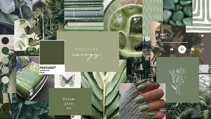 Sage Green Aesthetic Mood Board with Nature, Vintage Car, and Botanical Elements HD wallpaper