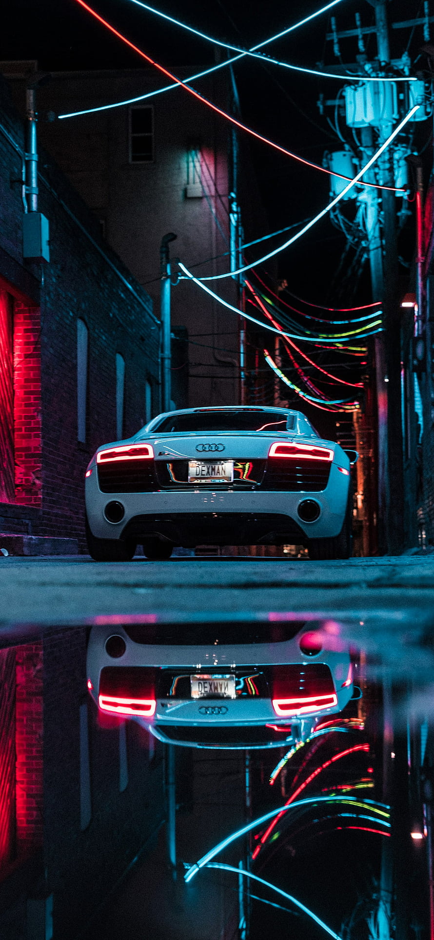 Audi R8 Rear View in Neon-Lit Urban Alley with Water Reflection HD phone wallpaper