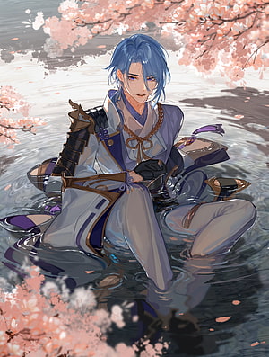 Kamisato Ayato from Genshin Impact Sitting in Water Under Cherry Blossoms HD phone wallpaper