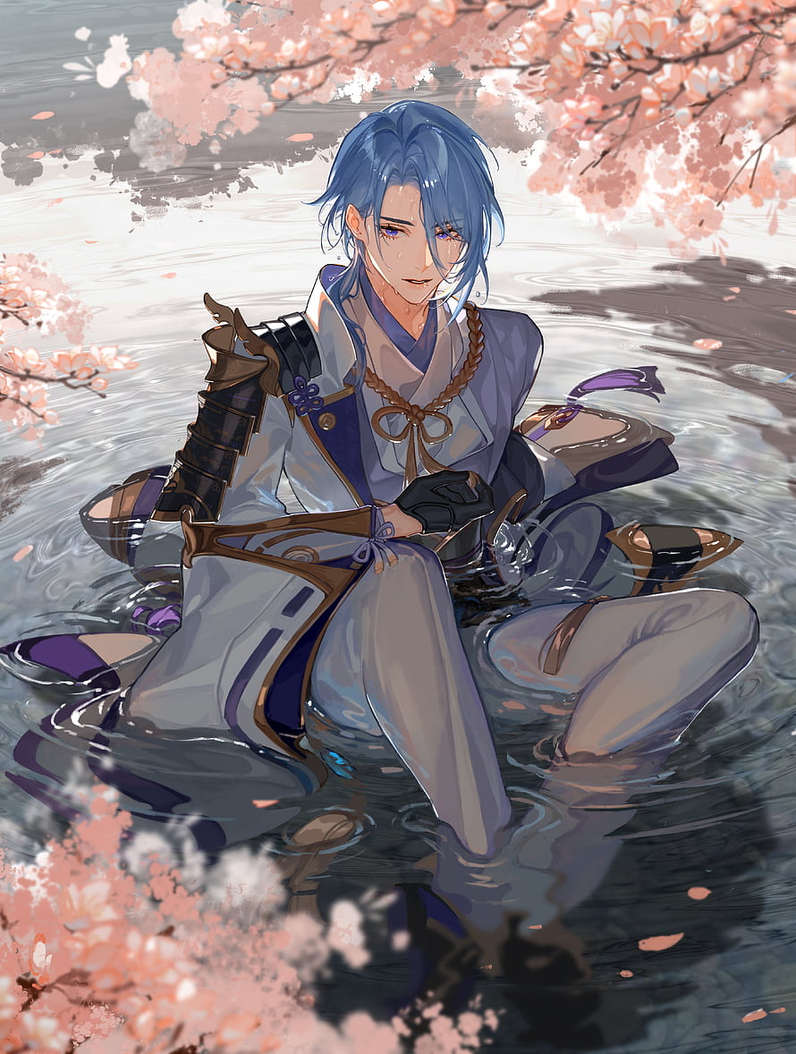 Kamisato Ayato from Genshin Impact Sitting in Water Under Cherry Blossoms HD phone wallpaper