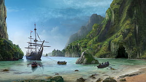 Historic sailing ship anchored in a lush tropical bay with rowboats and towering cliffs HD wallpaper